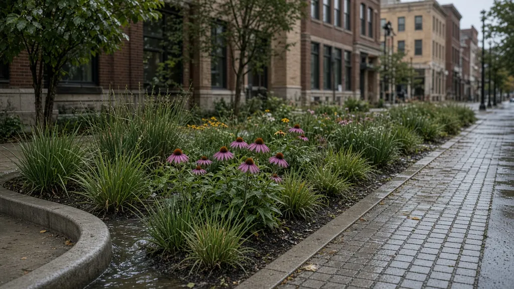A planted bioswale with native grasses beside a parking lot, a stone inlet and a curb cut