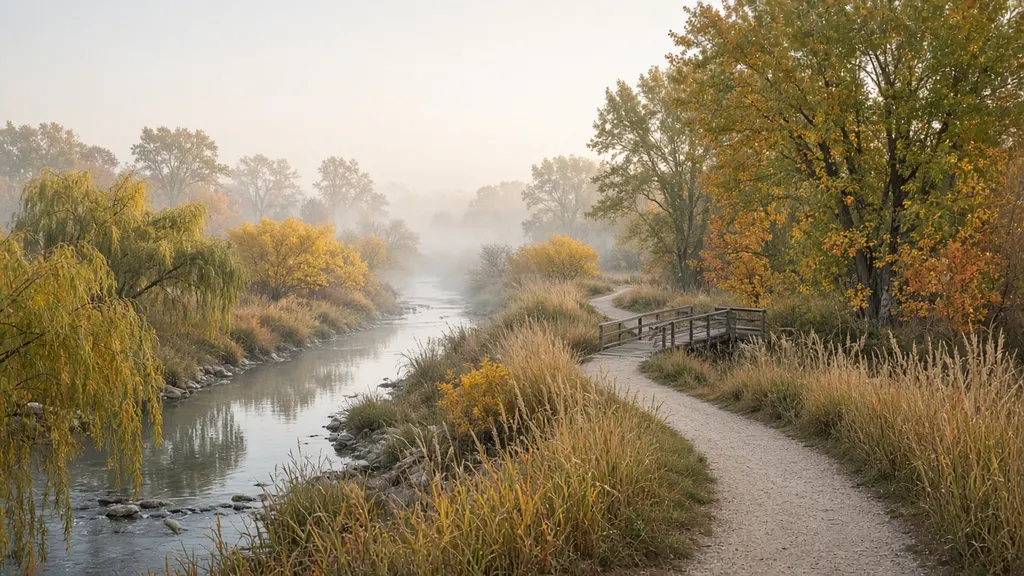 A paved multi-use trail curving beside a small creek lined with native grasses and cottonwoods