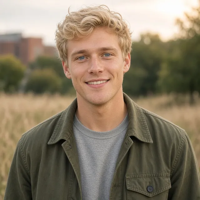Matthew Bovee, a landscape architecture student, outdoors in front of prairie grasses