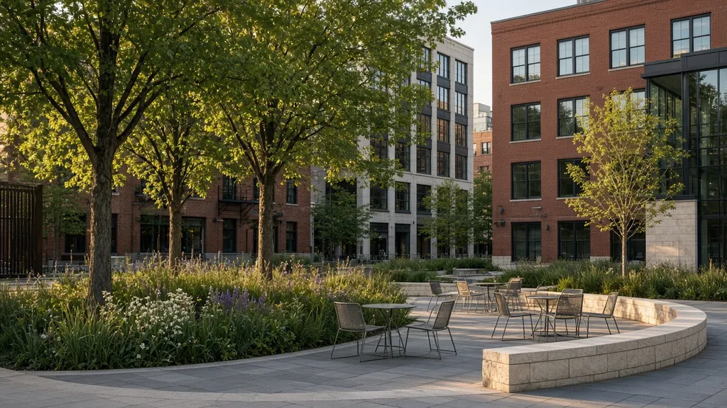A small urban plaza with benches, young trees, planters of ornamental grasses and permeable paving, without people