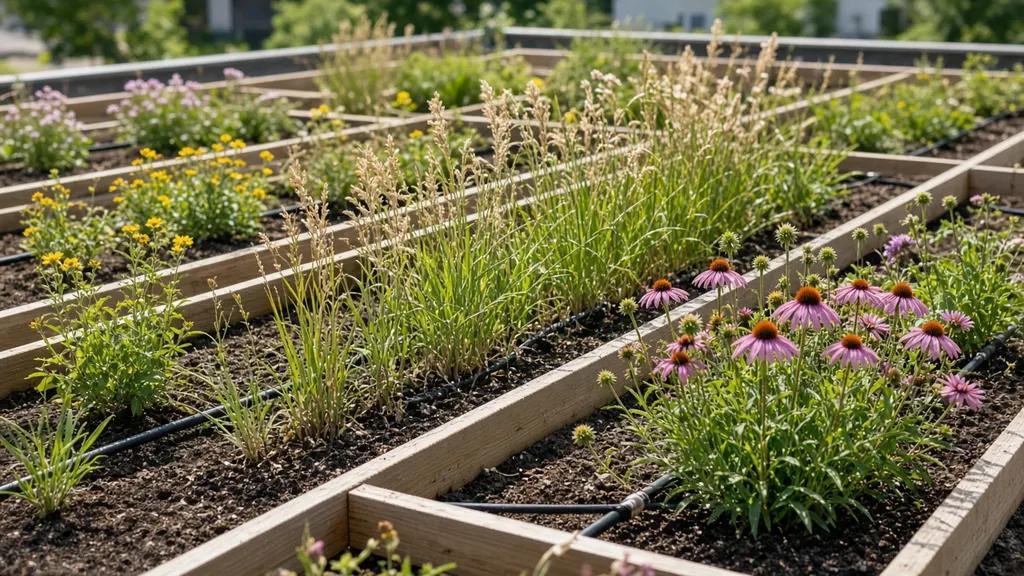 Rows of small native planting test plots with stakes and labels in a field