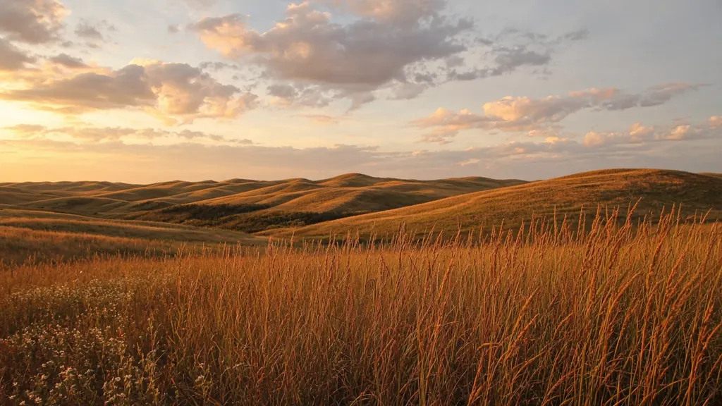Tallgrass prairie with seed heads and coneflowers at golden hour under a wide sky