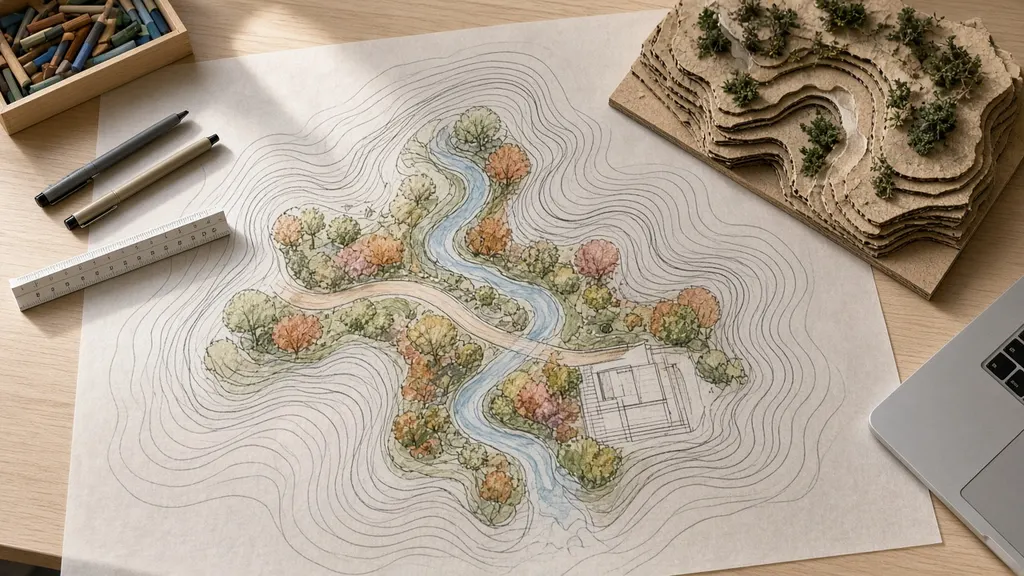 A drafting desk with a hand-drawn site plan, trace paper, colored pencils and a cardboard terrain model